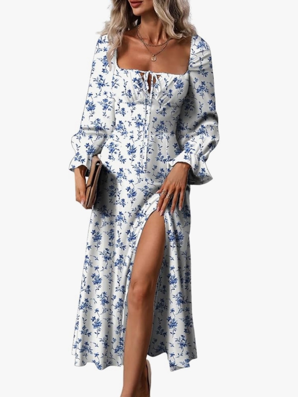 Cottagecore Blue & White Floral Midi Dress with Side Split— Never Worn